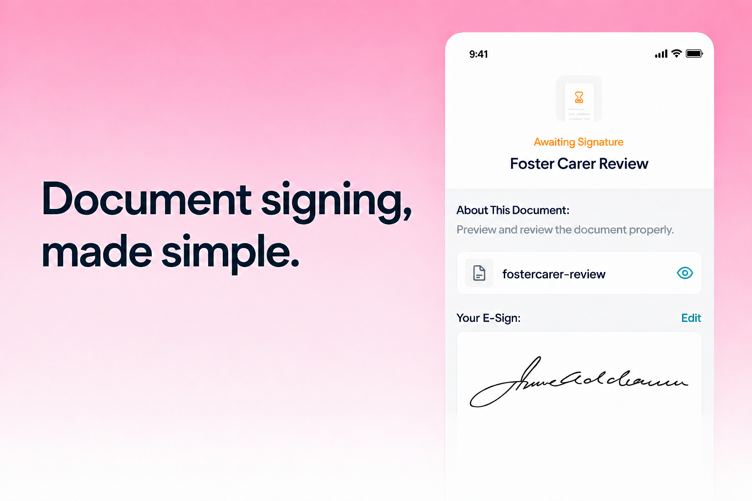 Fostering Connect document-signing screen beside the words Document signing, made simple.